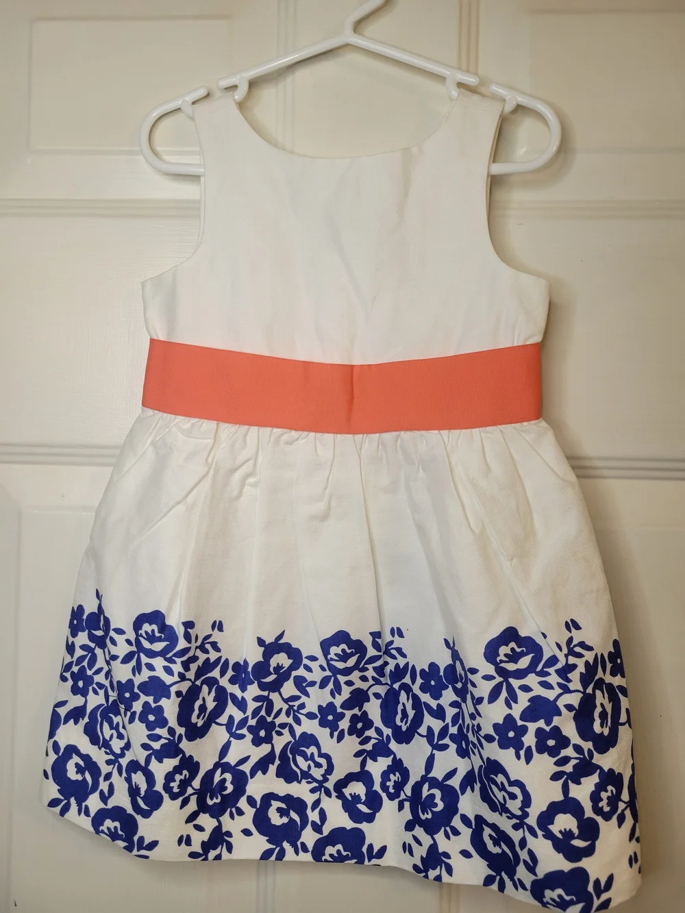 Janie and Jack White Dress with Blue Floral Border and Coral Waistband